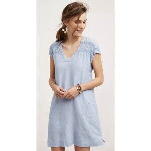Maeve Anthropologie Blue Linen Blend Smocked V-Neck Shift Dress Pockets Large